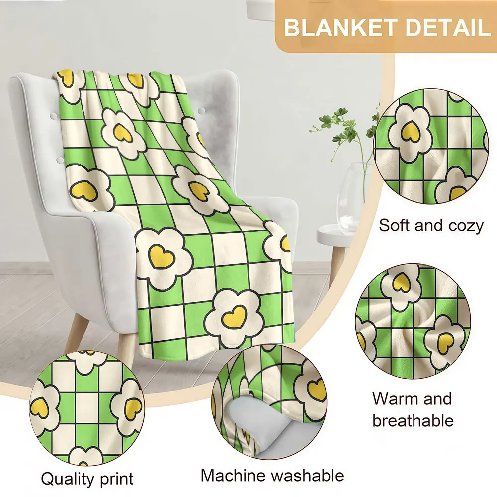 green checkered flower Soft Warm Flannel Blanket Lightweight Cozy Christmas Halloween Home Decor Room