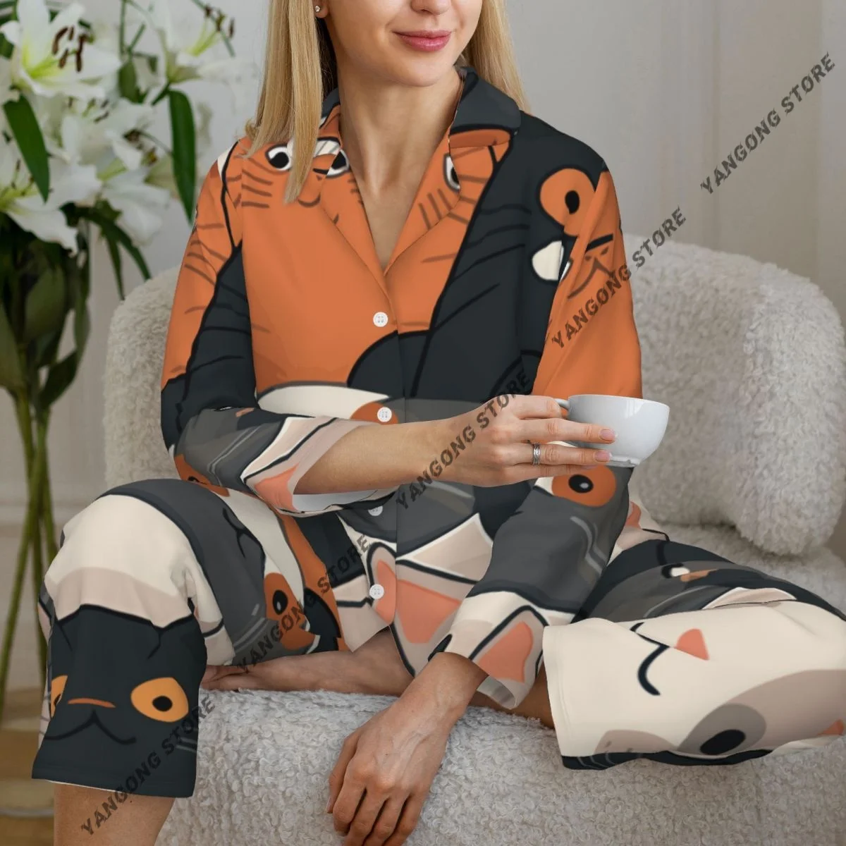 

Women Sleepwear Pajamas Cats Cartoon Long Sleeve Pijama Female Set Negligee Cardigan Suit