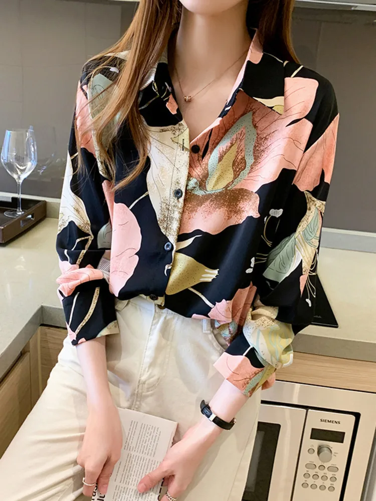 #3124 Spring Vintage Printed Chiffon Shirts Women Loose Floral Printed Shirt Blouse Femme Long Sleeve Womens Tops And Blouses