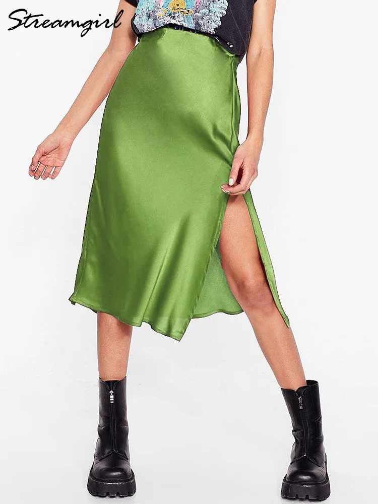 Women Green Midi Skirts A Line With Slit Office High Waist Women's Satin Skirts Elastic Waist Solid Silk Slit Skirts For Women