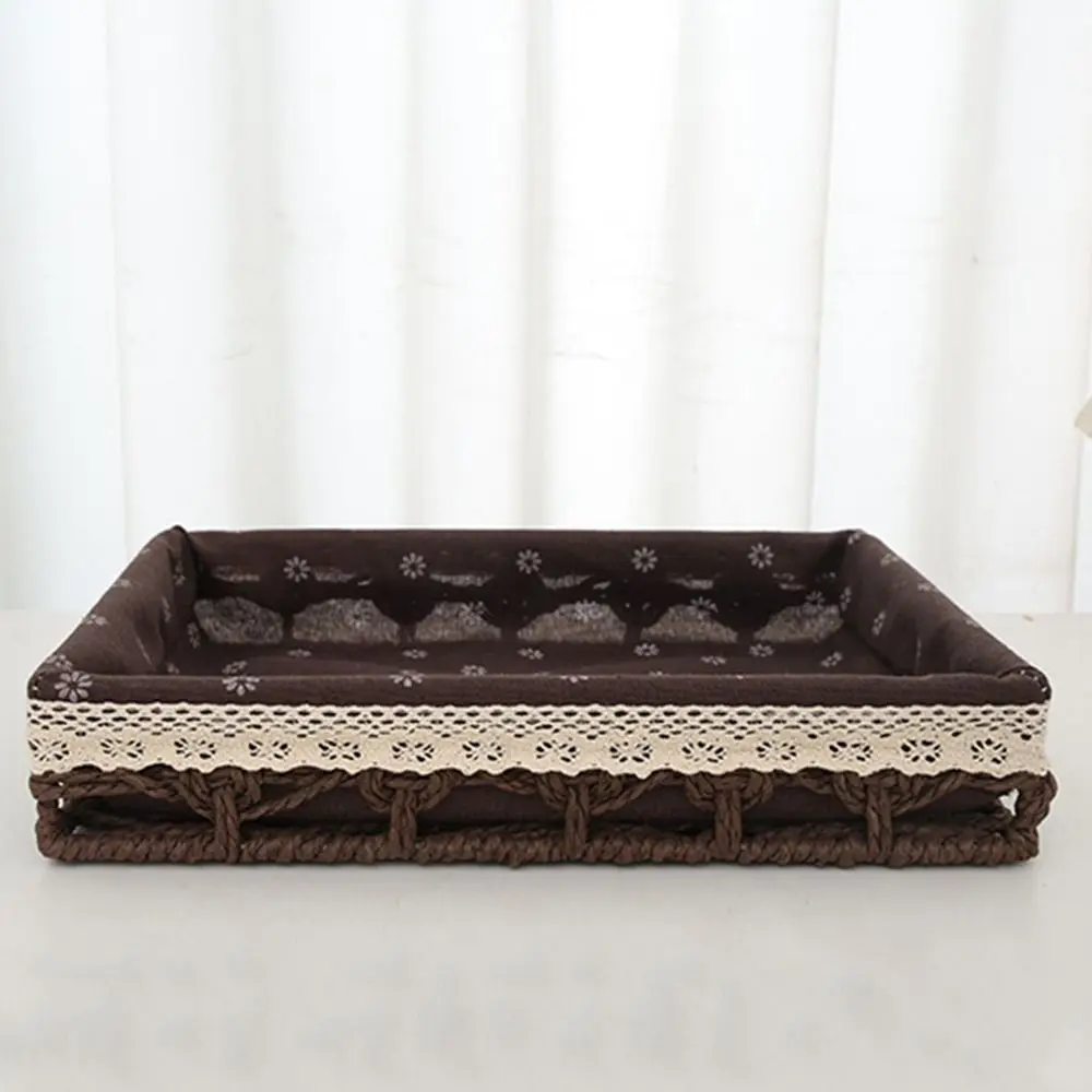 

Hand Woven Desktop Weaving Basket Bohemia Rectangular Cosmetics Organizer Tray Hollow Out Stylish Tabletop Fruit Container