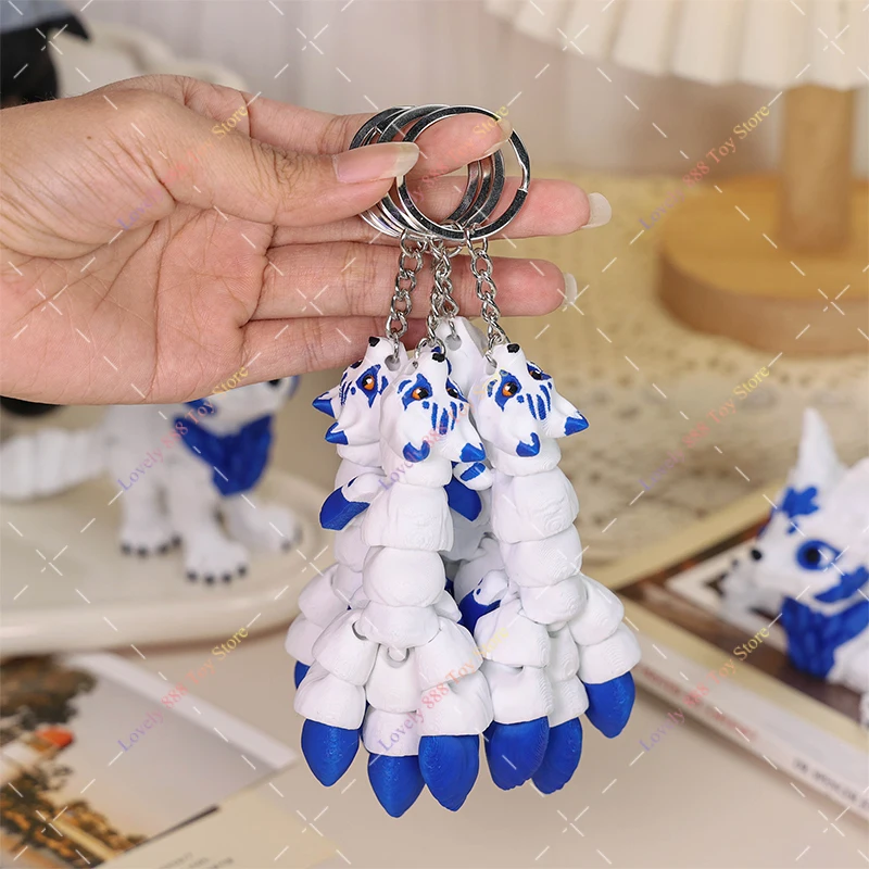 Actiefiguren 3D-geprinte drie staartvos sleutelhanger hanger speelgoed schattig diermodel gewrichten beweegbare vos desktop ornament