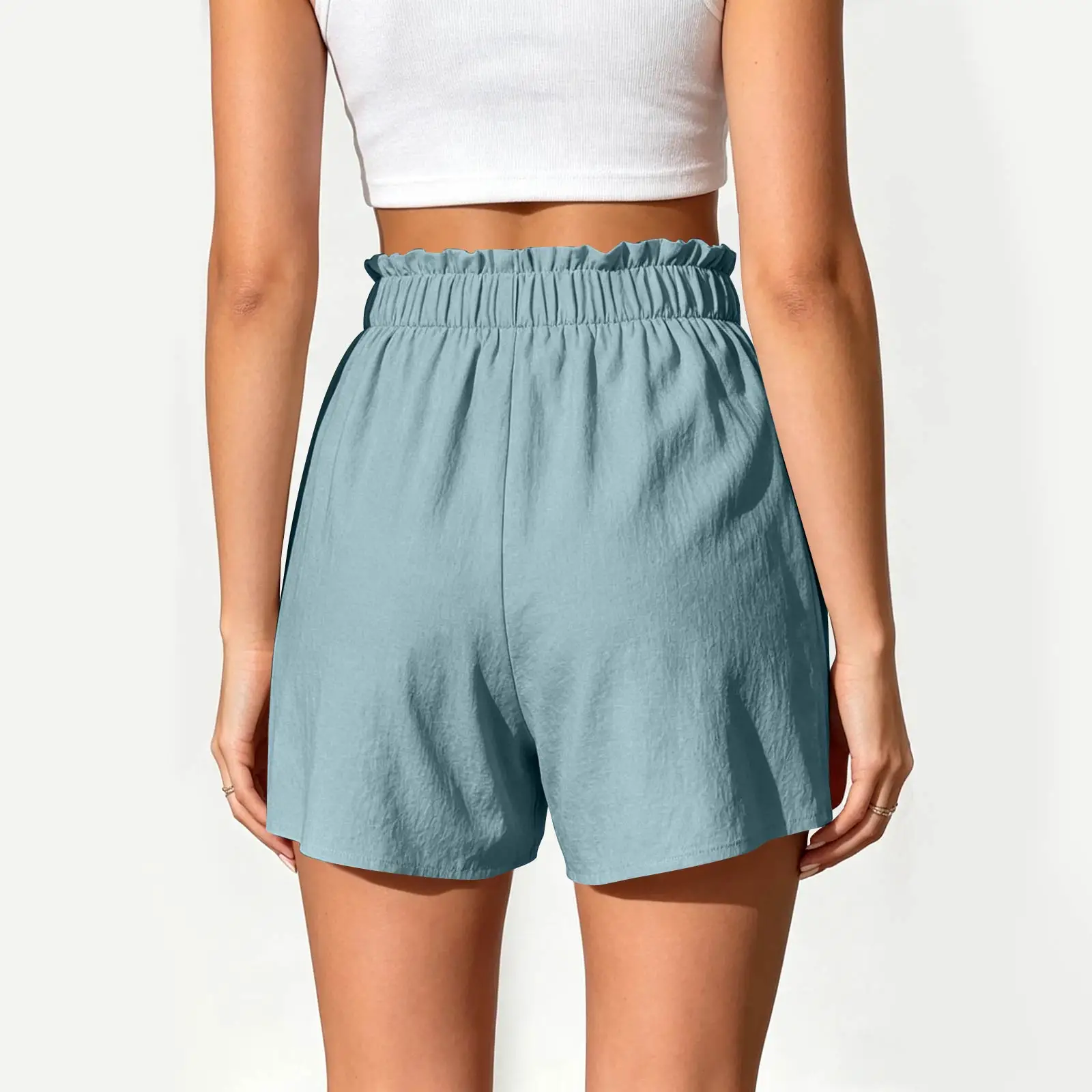Women's Breathable Loose Shorts, High-waisted Elastic Shorts with Ruffled Edges Summer Minimalist Basic Sports Shorts