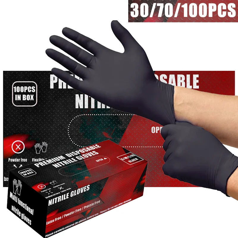 30/70/100PCS Disposable Black Nitrile Gloves Powder Free Black Nitrile Gloves  Work Gloves for Household Cleaning Dish Washing