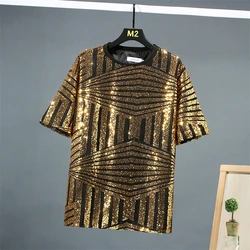Sequins Stage High-End T Shirt For Men Half Sleeve Tassels Hip Hop Summer Quality Oversized Loose Fit Casual Camisetas De Hombre