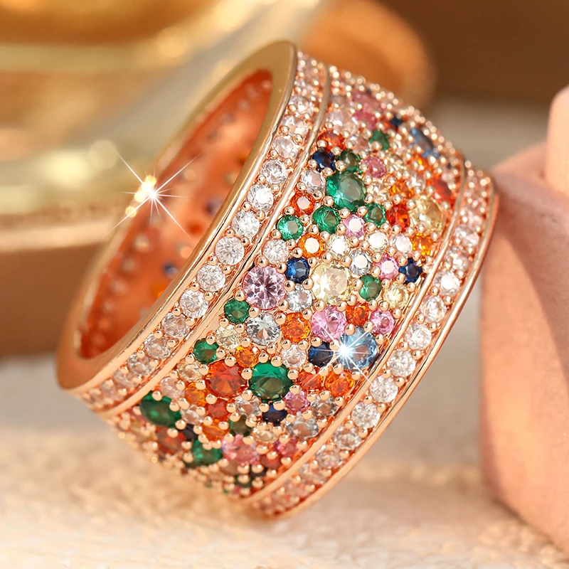 Luxuriöser, mit mehrfarbigen CZ-Steinen besetzter Damenring, glänzende goldene Farbe, geometrisch, für den täglichen Gebrauch, Partyschmuck, Jubiläumsgeschenk – Detail 4