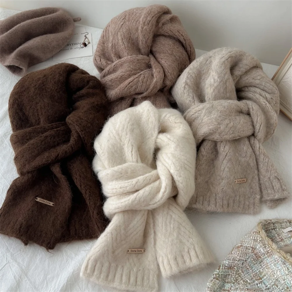 Winter Solid Blended Wool Scarf for Woman Knitted Neck Warmer Scarves Shawl bufanda Thicken Alpaca Cashmere Scarf echarpe femme