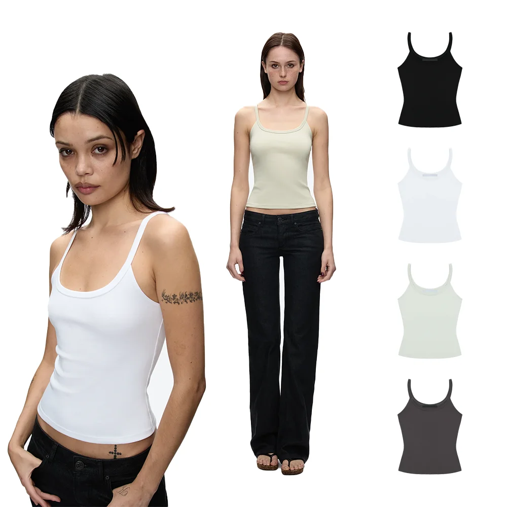 Tank Basic U-Neck Spaghetti Strap Camisole, Slim Fit and Flattering, Solid Color Base Layer Camisole, Minimalist Versatile Black and White Ribbed Slim-Fit Top