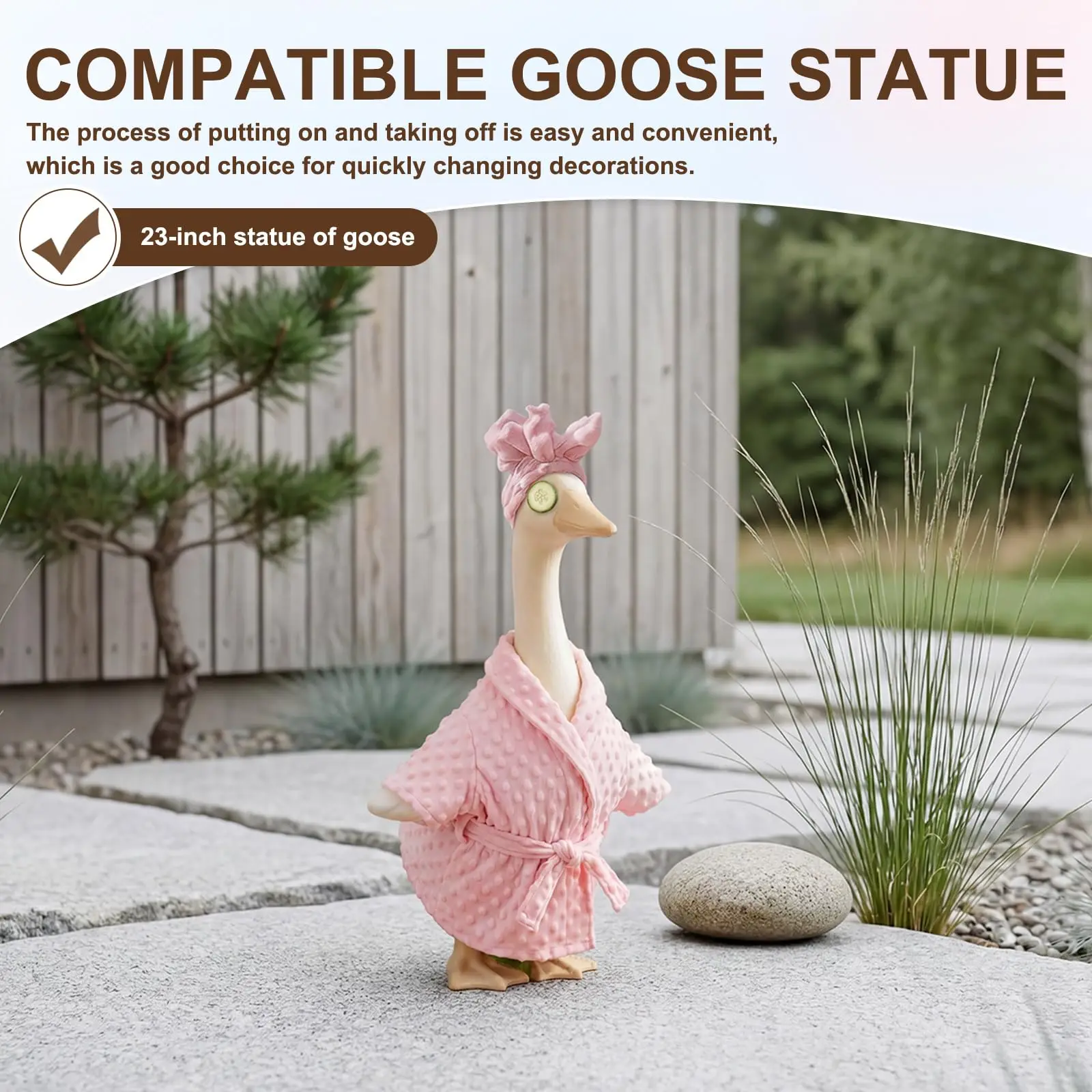 Porch Goose Costume Set - Headscarf*1 + Pink/yellow Bathrobe*1 + Belt*1 + Cucumber Slices*2 Funny Courtyard Goose Statue Outfit