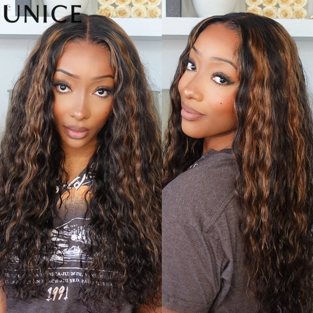 UNICE الشعر Gloden البني يسلط الضوء على موجة المياه باروكة من شعر طبيعي الجانب جزء 7x5 الدانتيل قبل قطع قبل التبييض غلويليس شعر مستعار جاهز للارتداء