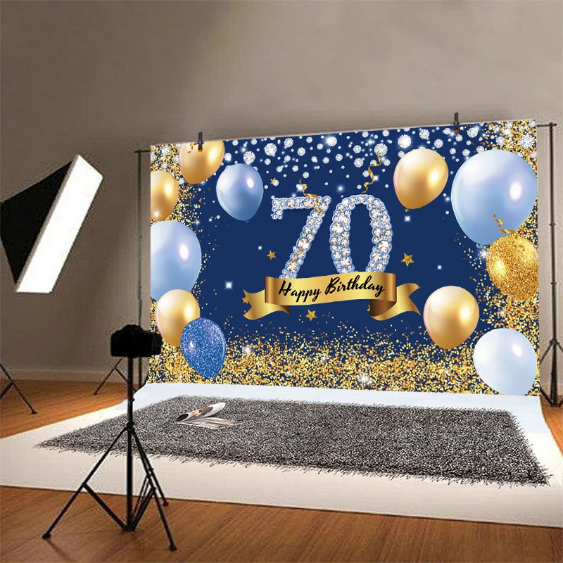 Blue 70th Photo Backdrop For Woman Men Happy Birthday Party Balloon Seventy Years Photograph Background Banner Decoration Prop
