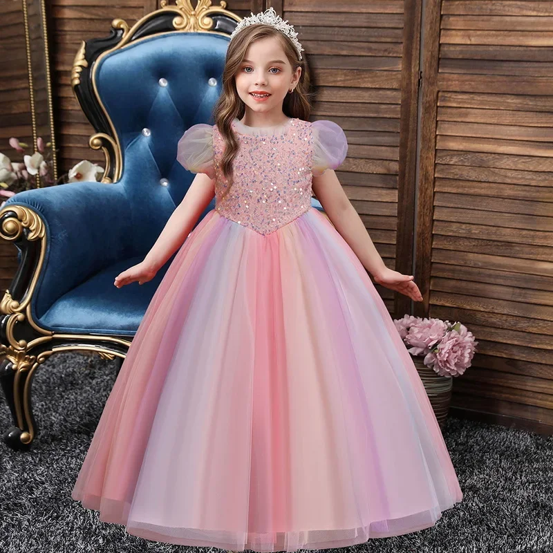 Elegant Sequins Girls Wedding Party Dresses Rainbow Tulle Puff Sleeves Princess Kids Child Evening Prom Clothes 10 12 14 Years