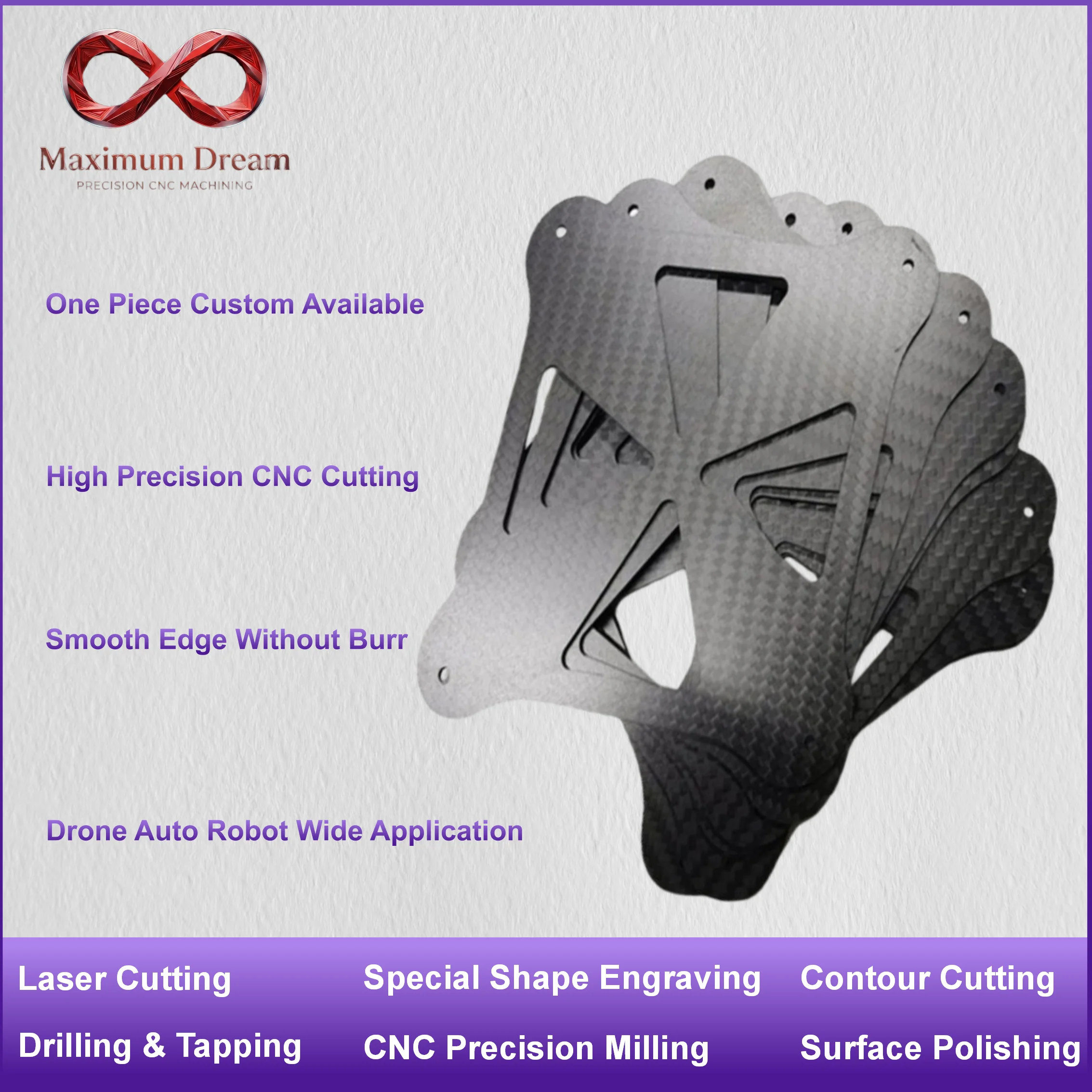 Custom CNC Cut Carbon Fiber Plate Sheet Precision Drilled Holes Panel for UAV Drone RC Car Chassis MOQ 1pc