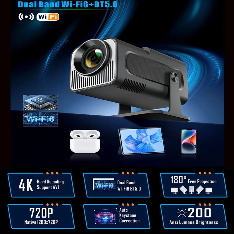 스마트 미니 휴대용 프로젝터 4K 안드로이드11.0 720P 네이티브 1280*720P 듀얼 WIFI6 BT5.0 스마트 홈 시어터 야외 휴대용 프로젝터