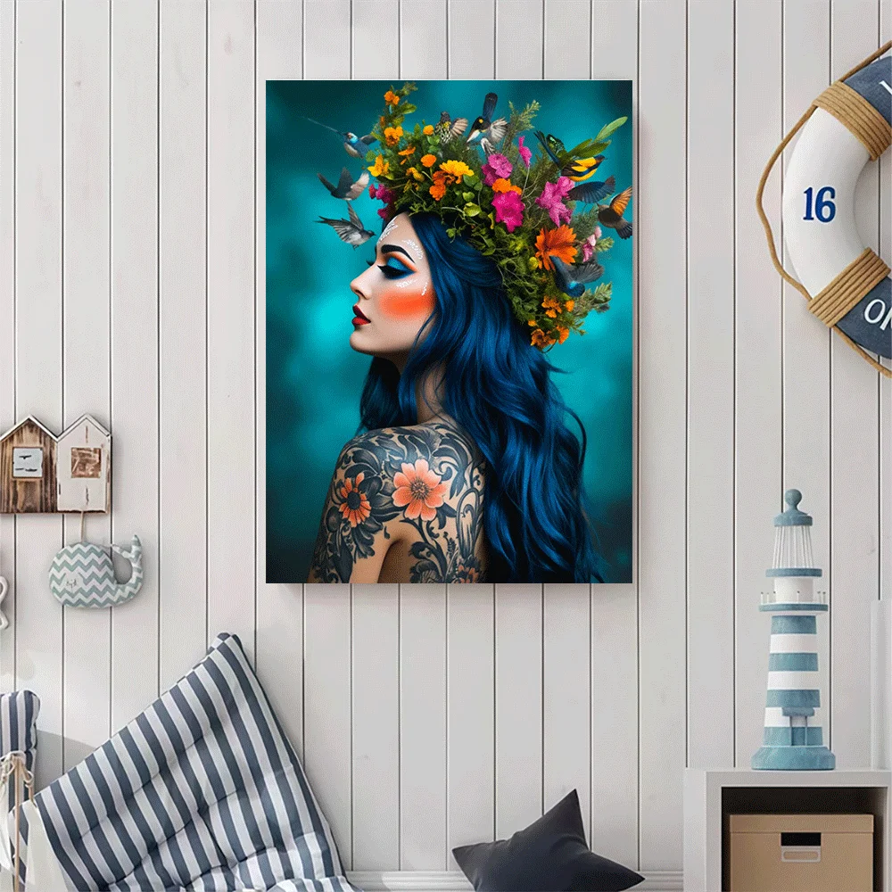 1PC-Unframed Canvas poster wall decoration  Blue Hair Woman Floral Crown Birds Tattoo Art Poster - view 2