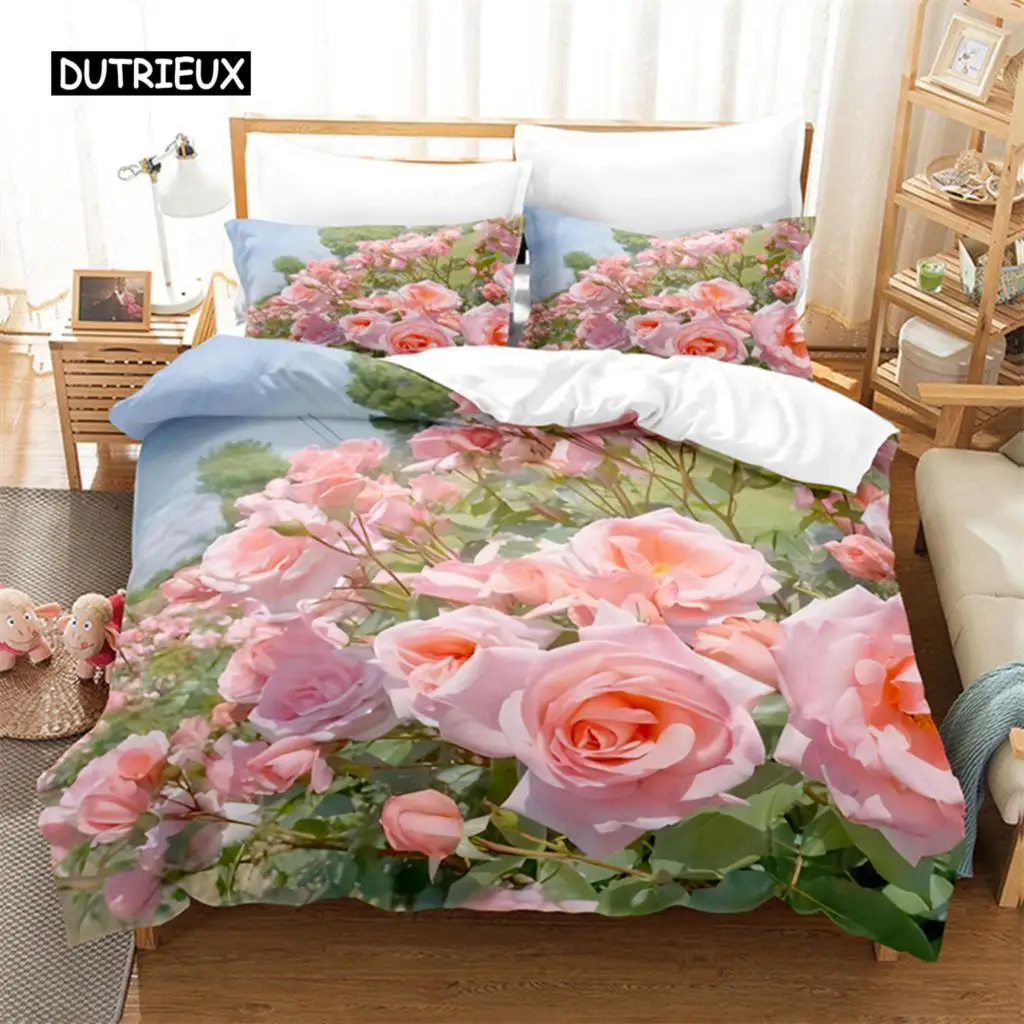 

Flower Plants Bedding Set Pink Rose Duvet Cover Set 3d Bedding Digital Printing Bed Linen Queen Size Bedding Set Fashion Design