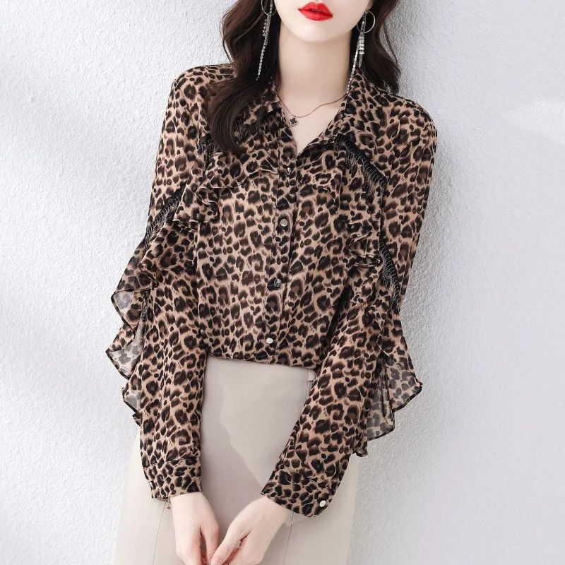 Long Sleeve Tassel Temperament Women\'s Clothing Sexy Leopard Commute Lapel Single-breasted Spring Simplicity Casual Tops Shirt