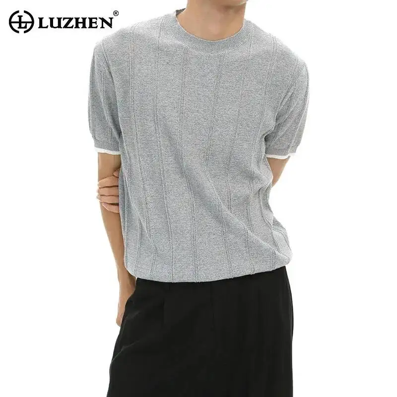 LUZHEN 2026 Summer Stripe Textured Splicing Short Sleeve Fake Two Piece Design T-shirt Men's Handsome Casual Male Clothes JY7486