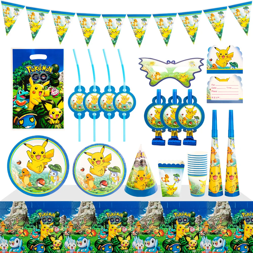 conjunto-de-suprimentos-descartaveis-para-festa-pokemon-pikachu-decoracoes-de-mesa-para-aniversario-infantil-com-pratos-copos-bandeiras-mascaras-talheres-e-sacolas