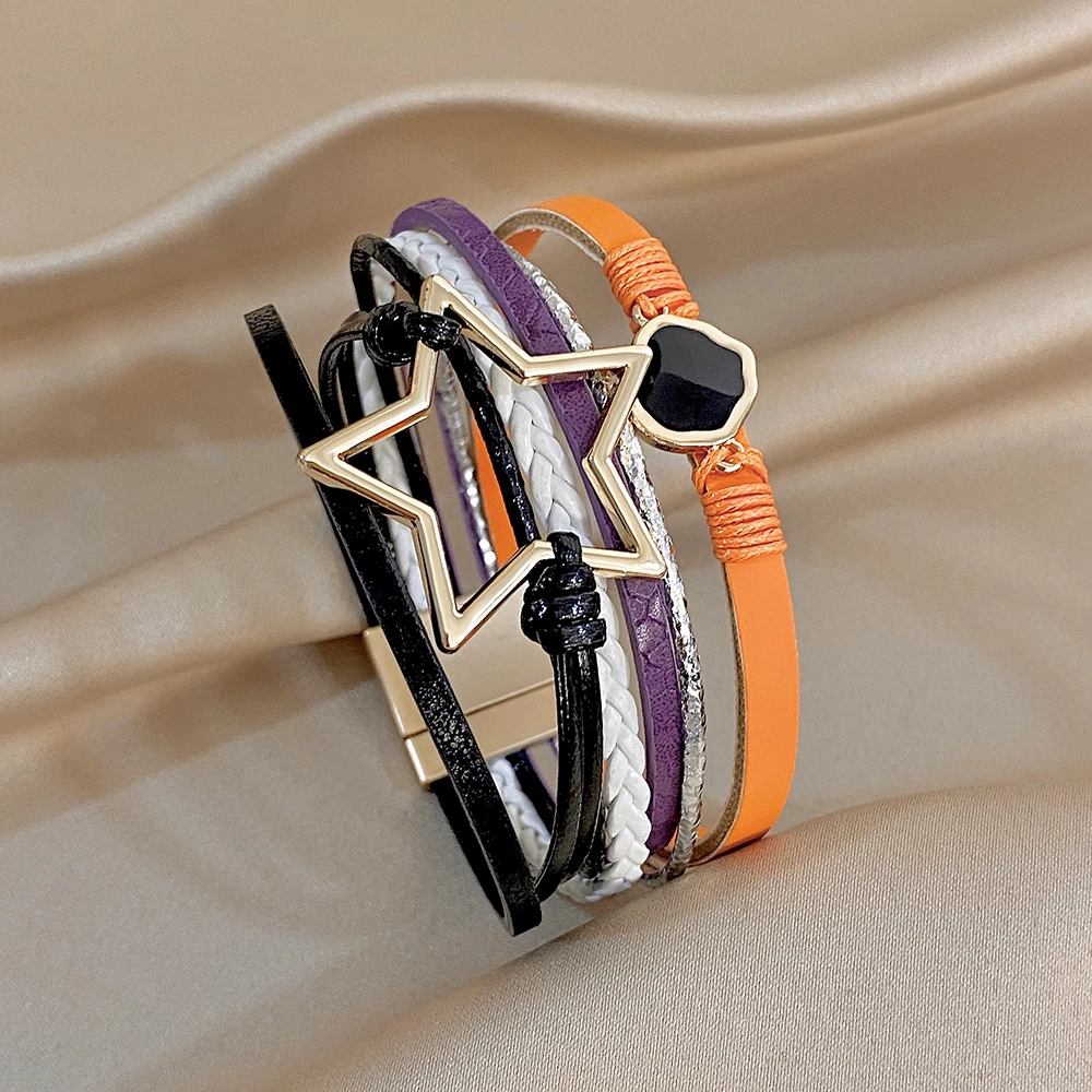ALLYES Vintage Armband aus gewebtem Leder mit ausgehöhltem Stern für Damen, klobiges Boho-Mehrschicht-Armband, breites Wickelarmband, Charm-Schmuck – Detail 23