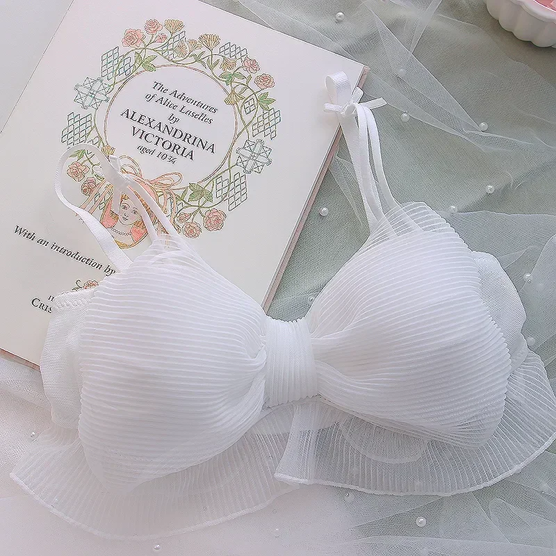 2026 Neues Süßes Lolita-Schleifen-Mesh-BH-Set, Süßer Rüschen-BH ohne Bügel, Bequeme Unterwäsche im japanischen Stil für Mädchen – Detail 2