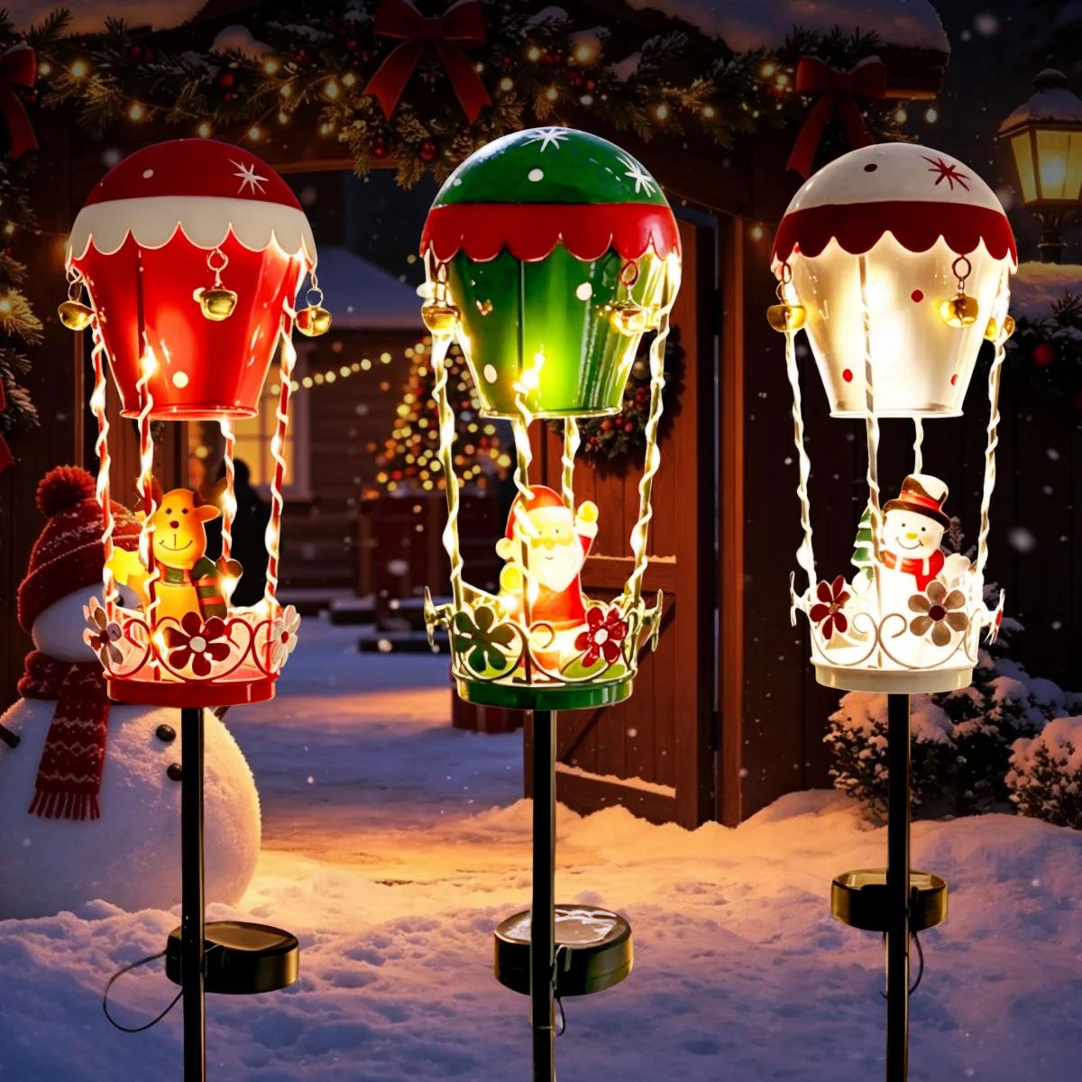 Outdoor Garden Solar Stake Light, Garden Iron Christmas Statue Light, Garden Solar Christmas Iron Santa Claus Sitting on a Hot Air balloon with Bells and Lights Inserted, for Yard Pathway Christmas Home Decor