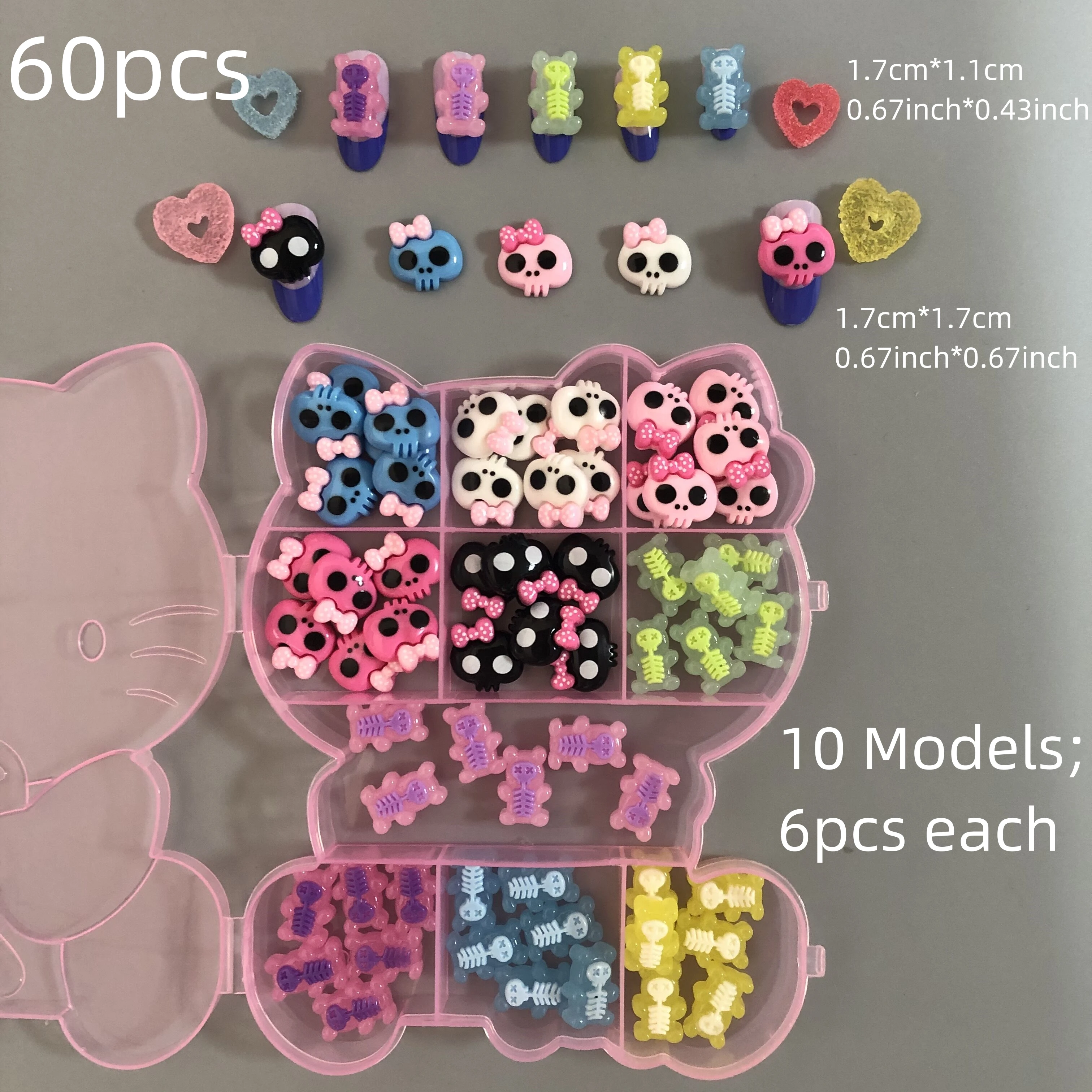 60Pcs Cute Pink Skull Girl Bow Scream Heart Large XXXL Long Nail Art Decoration Accessories Halloween Diy Phone Case Charms