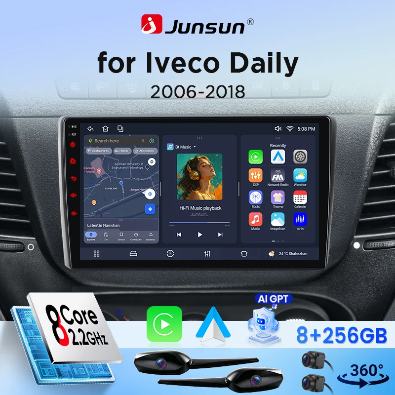 Autoradio Android Junsun pour Iveco Daily 2006 2007 2008 2009 2010-2018 9" IPS HD tactile, multimédia sans fil, CarPlay, Android Auto, systèmes intelligents, GPS, navigation, Bluetooth, SWC, Canbus, DSP, RDS, WiFi, lecteur multimédia, écran partagé, Mirrnk, USB, mains libres