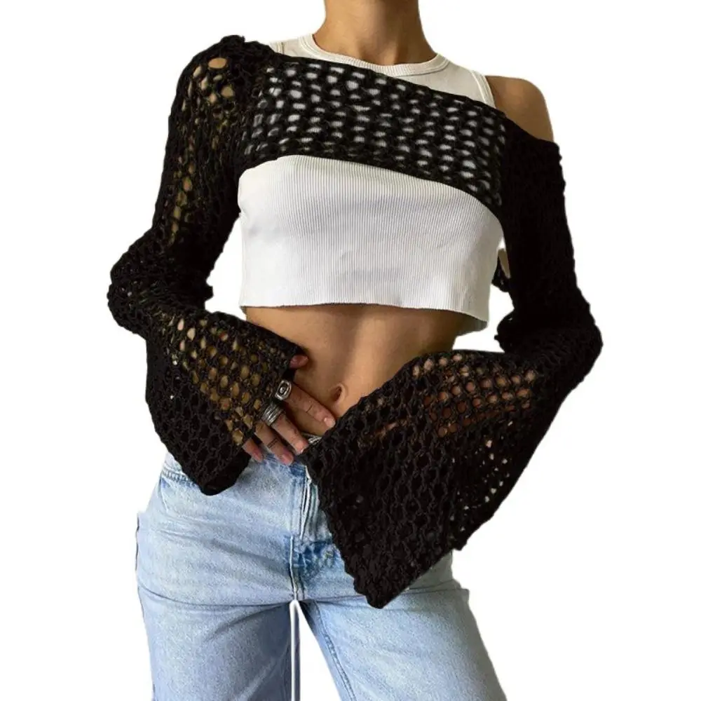 

Y2K Sleeve Shrug Sweater Soft Acrylic Fibers Women Crochet Crop Top Knitted Cover Up Shirt Long Sleeve Pullover