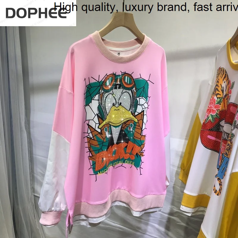 Hot Drilling Luxury Cartoon Age Reduction Pink Sweatshirt Loose Fake Two Piece O-neck Oversize Pullover Top Streetwear Hoodies