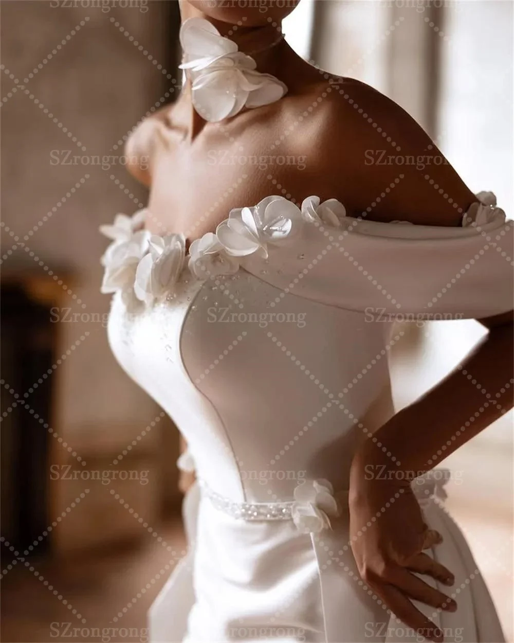 بوهو قبالة الكتف الساتان حورية البحر مثير ثوب الزفاف زر الظهر الزهور الصناعية فستان الزفاف مع قطار للانفصال مخصص #4