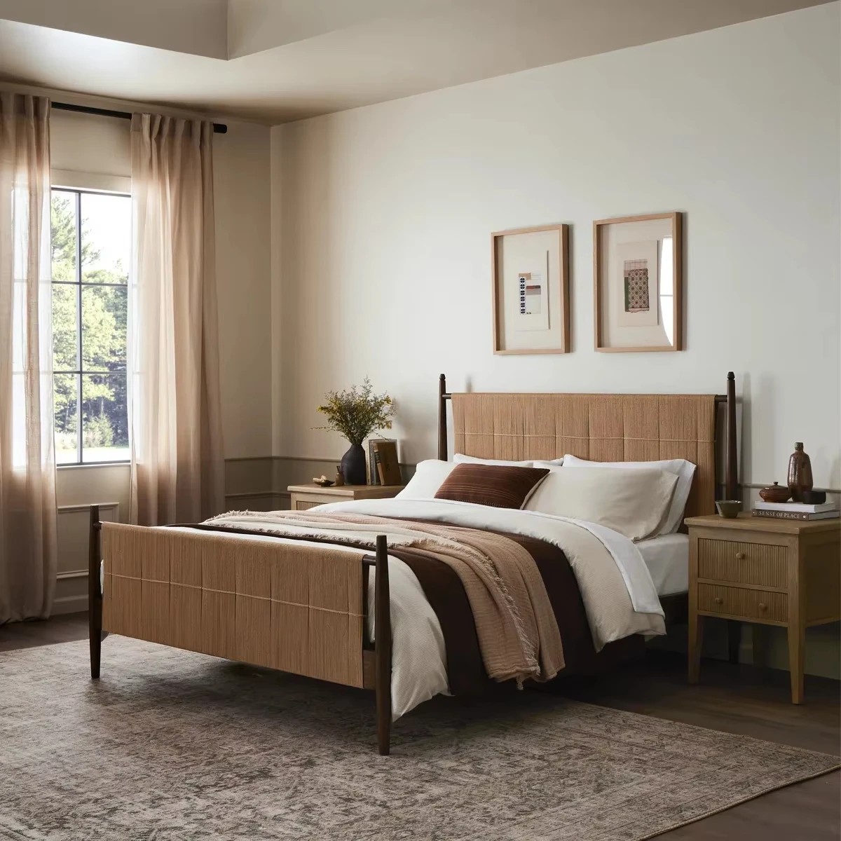 

OE-MYHOME French Modern Solid Oak Wood Bed with Natural Paper Cord Customizable Bedroom Furniture·