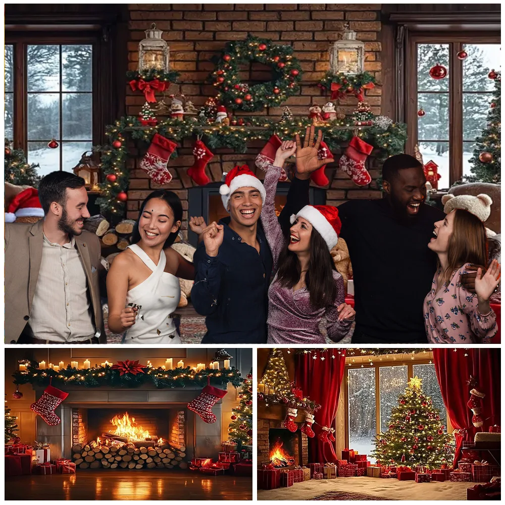

Santa Claus Winter Fireplace Backdrop Merry Christmas Photography Background Christmas Eve Party Decorations Xmas Tree Banner