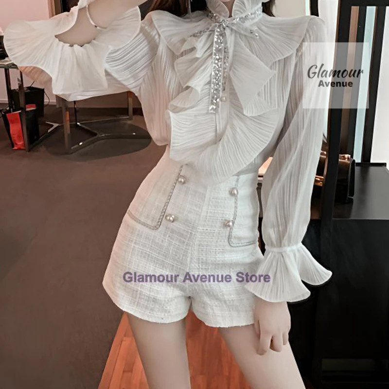 French design sense niche unique wooden ear sequined bow tie-up shirt women's summer semi-high collar flared sleeve shirt