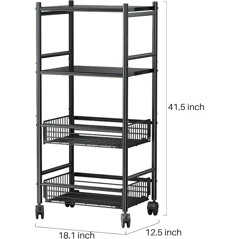 Kitchen Microwave Stand Shelf - 4 Tiers Metal Bakers Rack with Casters, Coffee Bar Station with Storage, Black