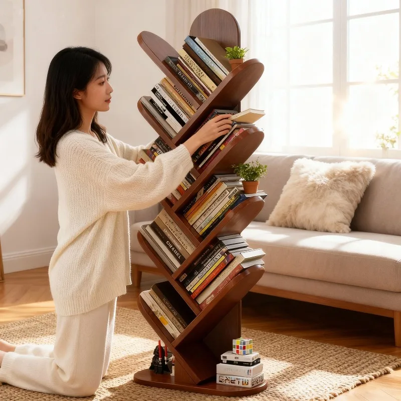 

Solid wood household tree-shaped bookshelf floor-to-ceiling vertical shelf living room integrated wall corner corner