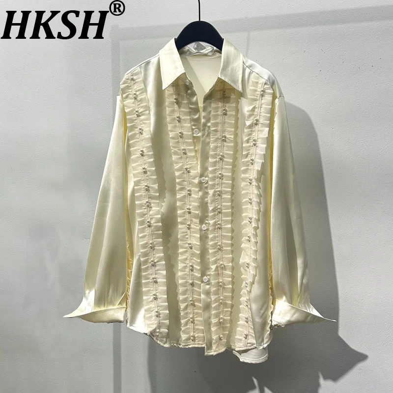 

HKSH весна осень новая мужская шикарная нишевая вышитая расклешенная плиссированная свободная повседневная рубашка с отложным воротником HK13627