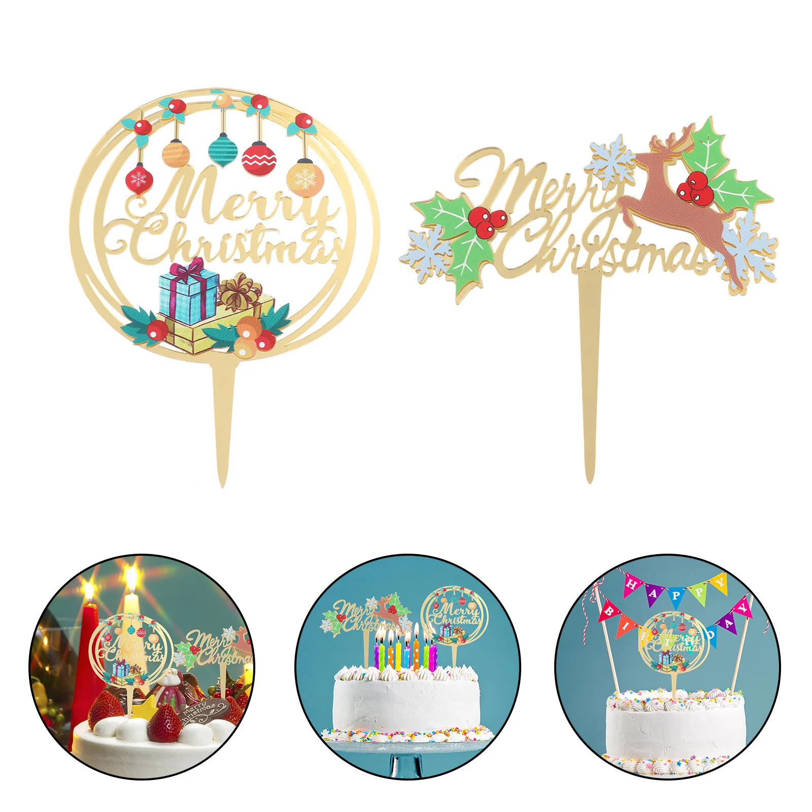 

2Pcs Christmas Decorative Cake Topper Set Merry Christmas Letter Pattern Festive Party Dessert Insert Cards Cake Topper Set
