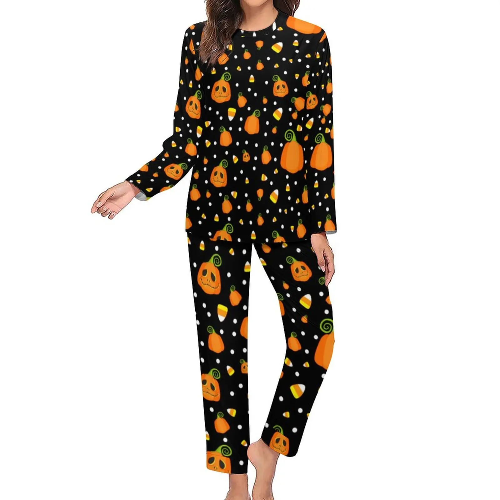 Fun Halloween Pajamas Whimsical Pumpkins Print Elegant Pajamas Set Female 2 Pieces Home Oversized Printed Home Suit Gift