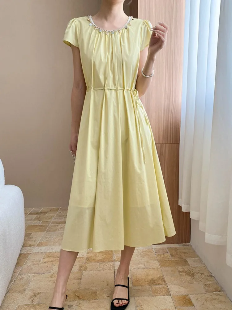 Sukienka damska letnia w stylu świątecznym 2025, codzienna, plażowa, jednolita, z koralikami, okrągły dekolt, krótki rękaw, midi, boho, vestidos