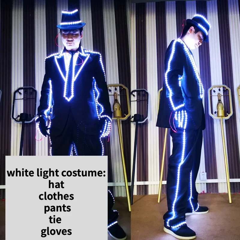 LED Suit for Men Nightclub Stage Nightclub Dance Costume Rainbow White Light Up Top Clothes Pants 2024 Magician Show Outfit