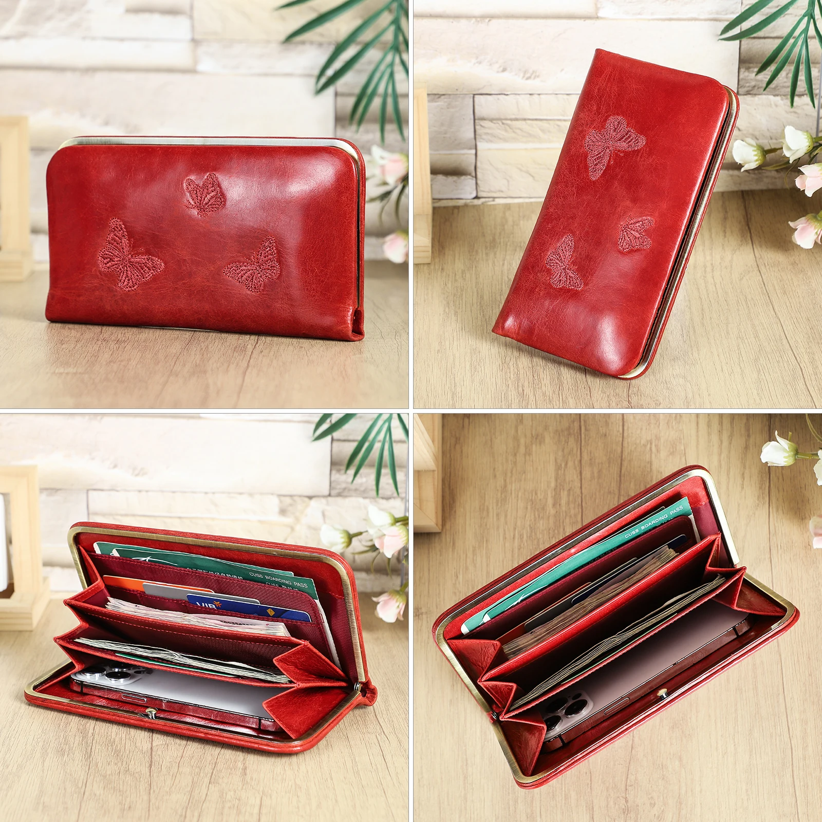 CONTACT'S Genuine Leather Kiss Lock Long Wallets for Women Butterfly Embroidery Card Holder Money Clip Phone Pocket Female Purse