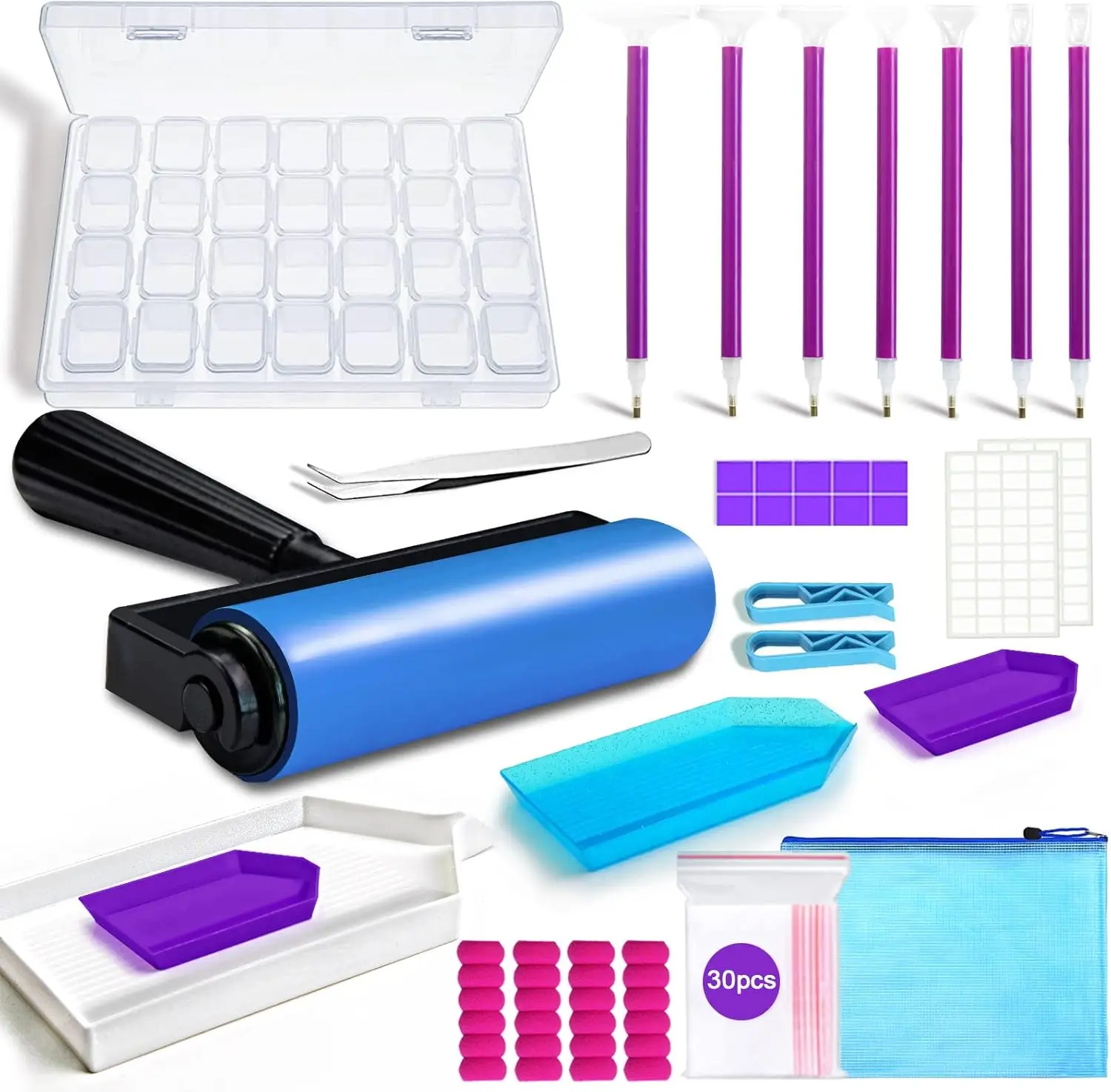 

Набор для алмазной вышивки из 70 элементов с роликом, коробкой для хранения и инструментами для взрослых - Полный комплект аксессуаров