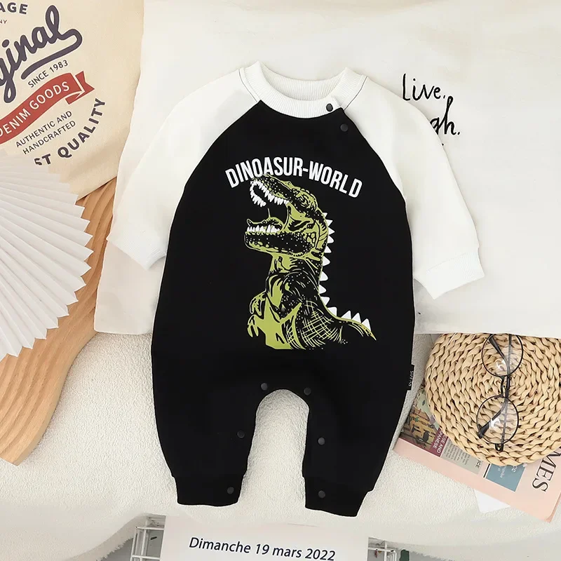 2024 New Autumn Baby Boys Dinosaur Rompers Toddler Handsome Letters Jumpsuit Infant Outwear One Piece