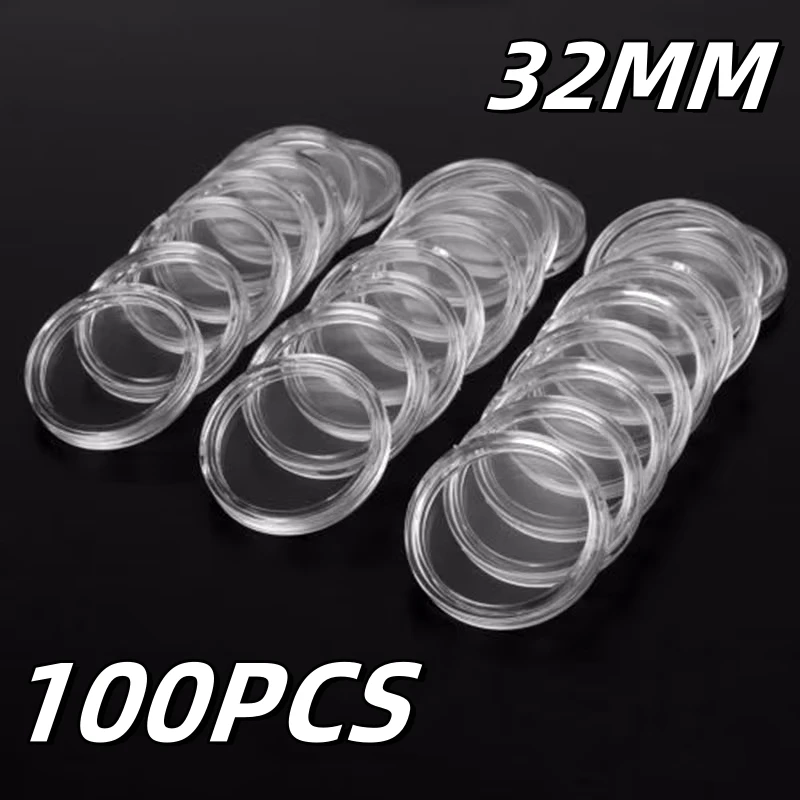 100Pcs Transparent Clear 32mm Coin Storage Boxes Collection Holder Containers Gifts Capsules Portable DIY Round Coin Holder