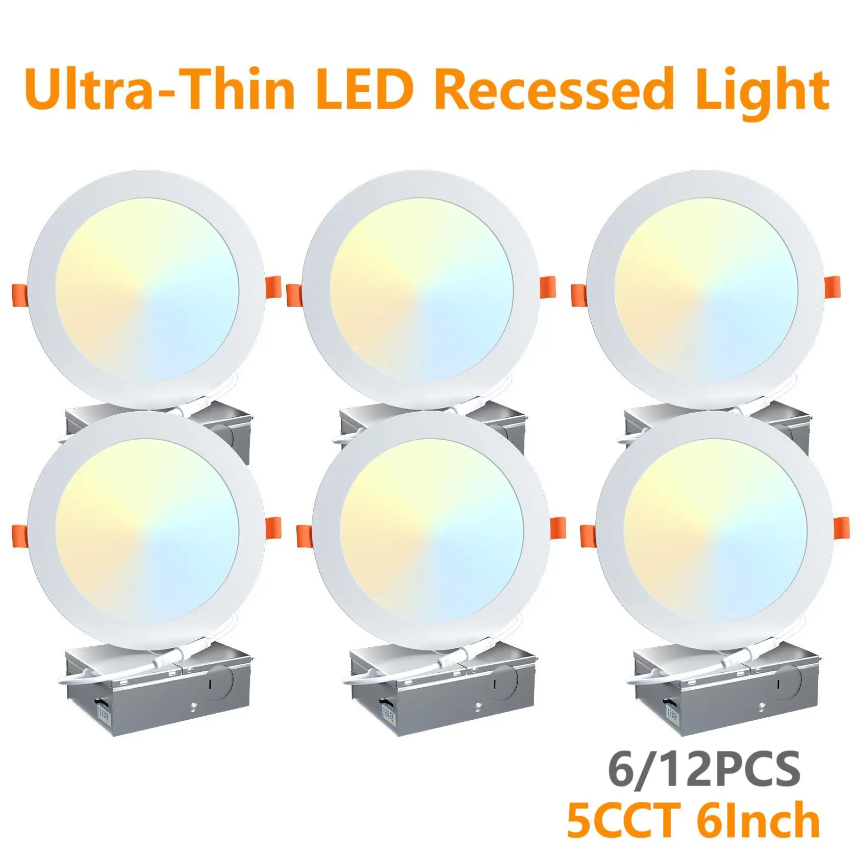 

6/12PCS LED Recessed Lighting 6in with Junction Box Ultra-Thin Dimmable 5CCT 2700K/3000K/4000K/5000K/6500K 12W Canless Downlight
