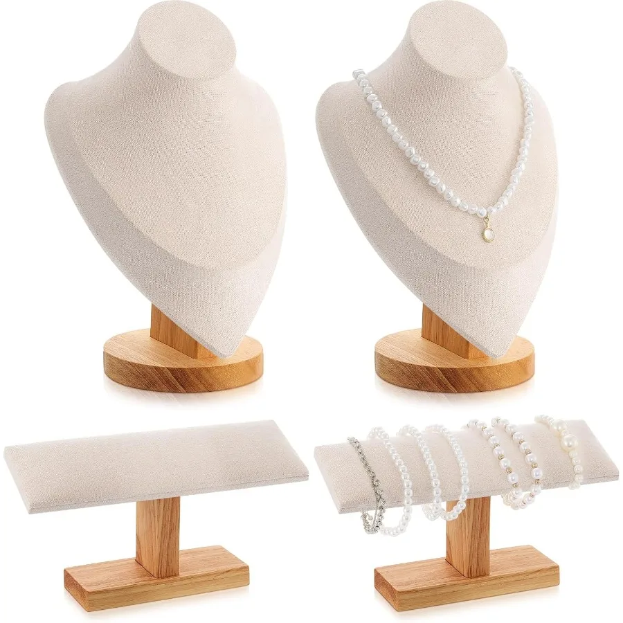 

4 Pcs Necklace and Bracelet Display Stand Set Jewelry Bust Display Wooden T-bar Bracelet Holder for Selling Wood Color