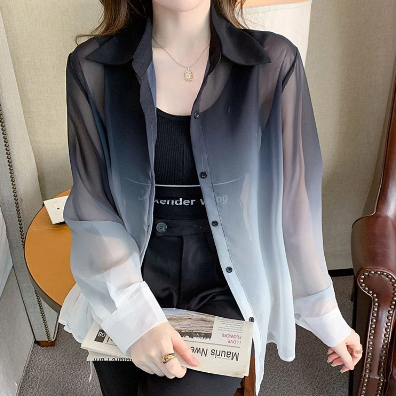 Women Shirt Summer Gradient Color Transparent Button-up Loose Casual Tops Sun-proof Design All-match Temper Tender Blouse Mujer