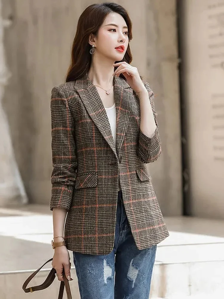 Spring Tweed Casual Plaid Blazers Abrigo Mujer Office Spliced Slim Coat Korean Wool Blend Plus Size Casaco Vintage Suit Jackets