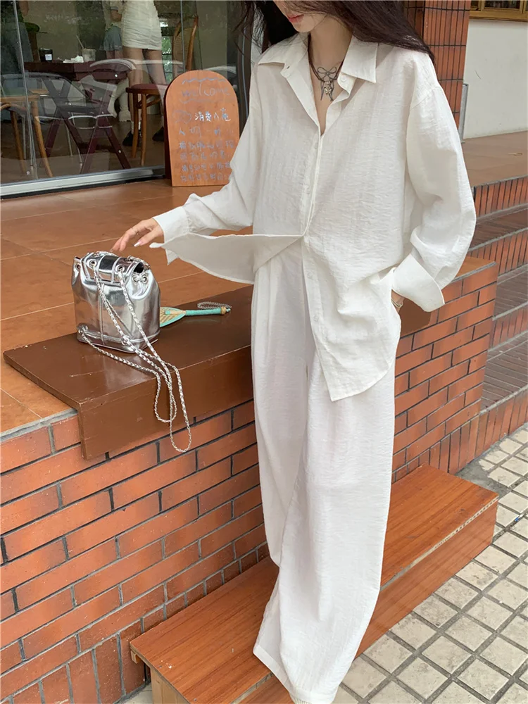 White Tracksuit for Women 2024 Summer Linen Shirt & Casual Wide Leg Pants Sets Leisure Casual Two-piece Sets Plus Size Pantalon